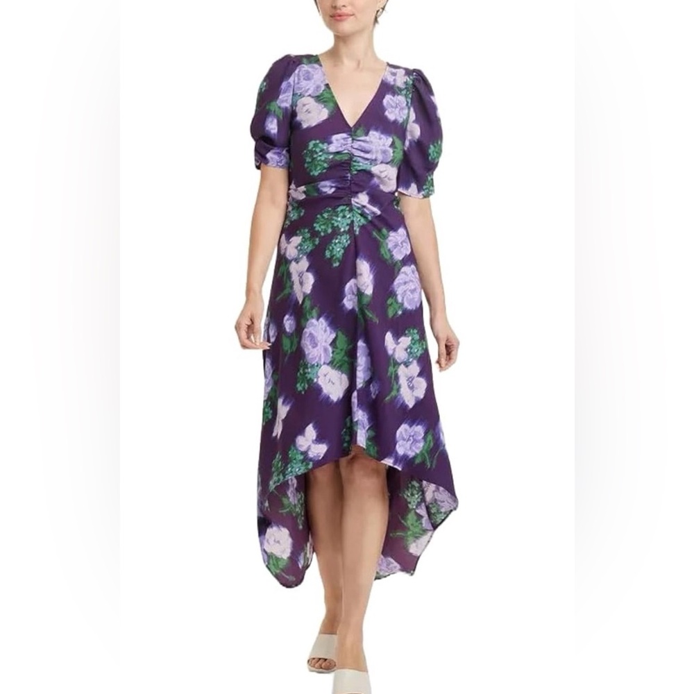 A New Day Purple Floral Hi-Low Dress Ruched Puff Sleeve V-Neck Size M
